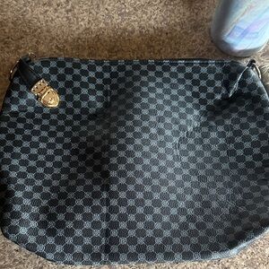 Black Grey Checkered Satchel Bag with Gold Hardware